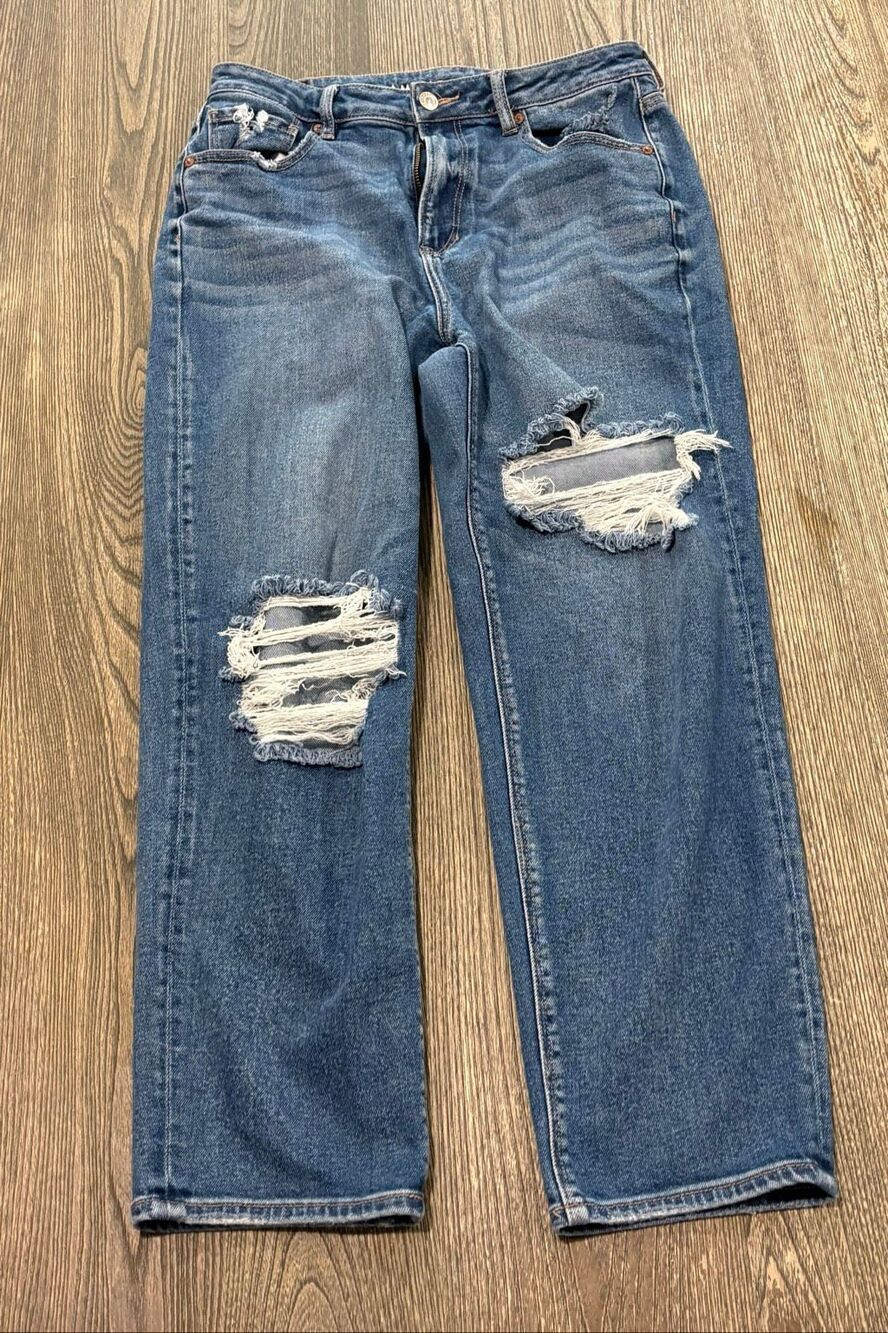 American Eagle Womens Mom Straight Jeans Distressed Medium Wash Blue Size 12